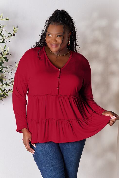 Double Take Tops - DOUBLE TAKE Burgundy Button Tiered Long Sleeve Casual Top Plus Size 3X NEW